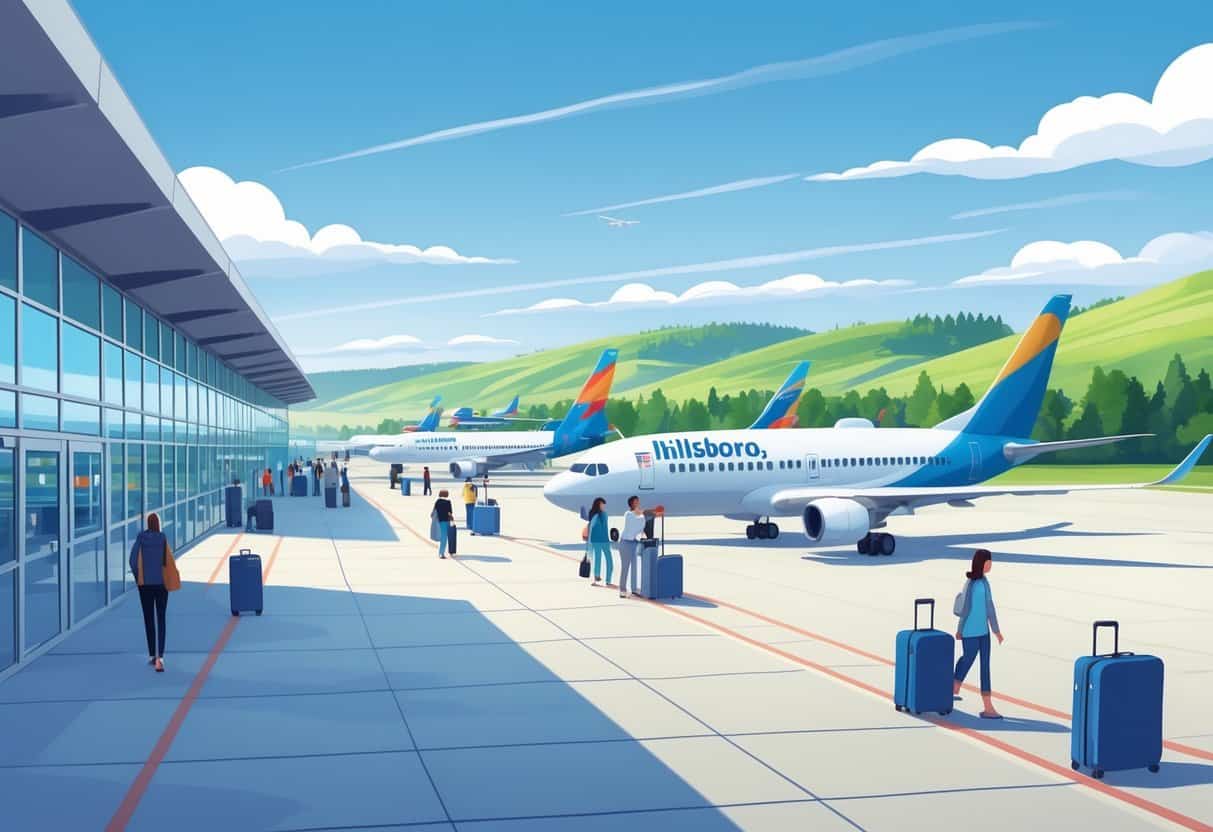 An airport terminal in Hillsboro, Oregon with airplanes at gates and rolling hills in the background, showing passengers calmly walking with luggage.