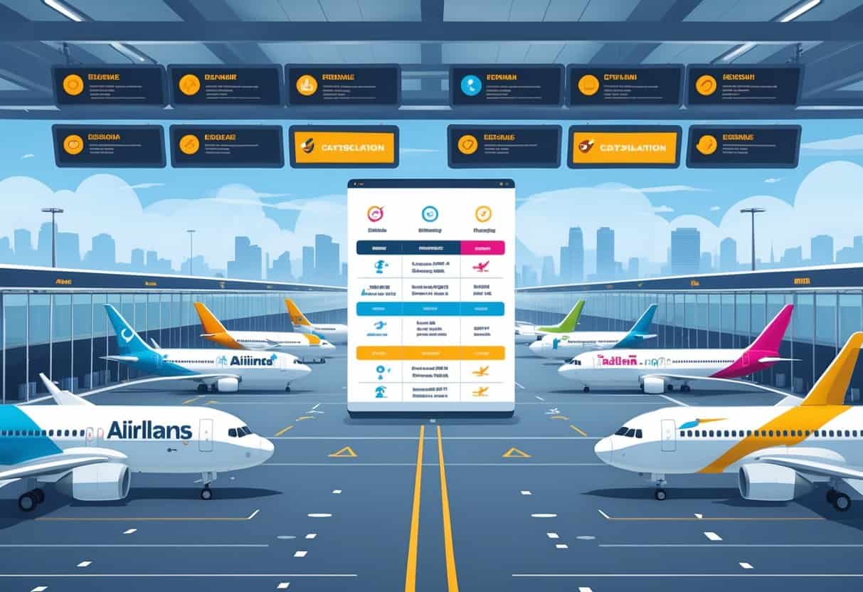 An airport scene with airplanes from various airlines at gates, flight status icons showing delays and cancellations, and a background chart comparing airline policies, set near a city skyline representing High Point, North Carolina.