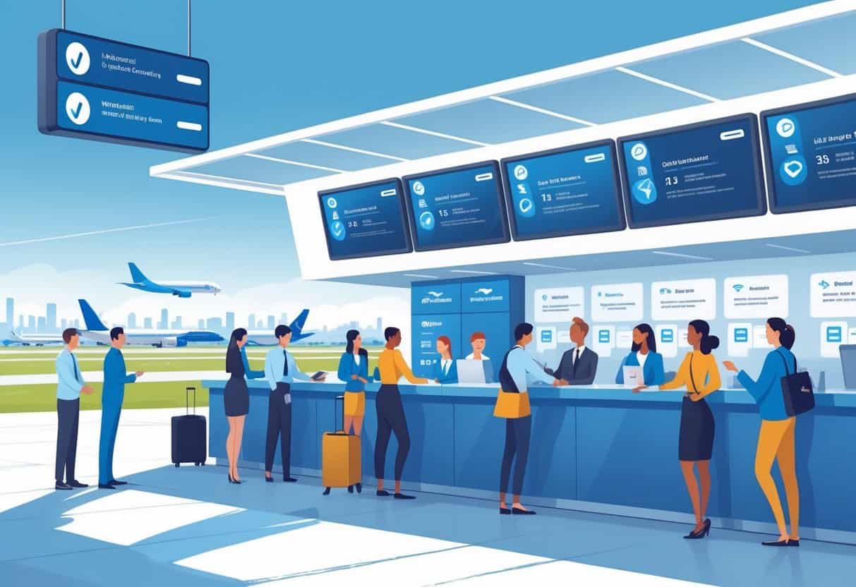 Travelers receiving assistance from airline staff at an airport counter with airplanes and the Hayward city skyline in the background.