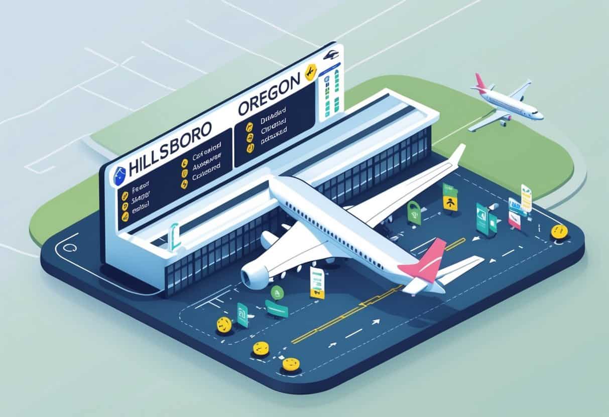 An illustration showing an airport in Hillsboro, Oregon with airplanes, a flight status board, airline icons, and symbols representing flight delays and cancellation policies.