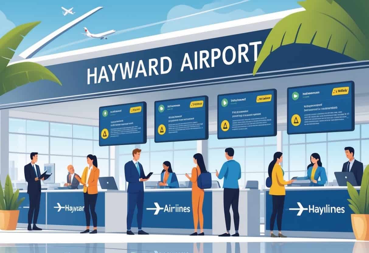 Illustration of travelers and airline staff at Hayward Airport with flight delay and cancellation information visible on digital displays.