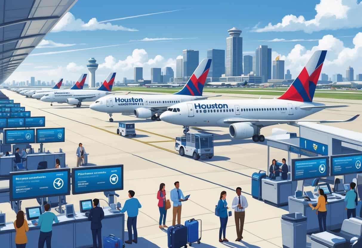 A busy airport in Houston with travelers checking flight information and airline staff assisting passengers near planes on the tarmac and the Houston skyline in the background.