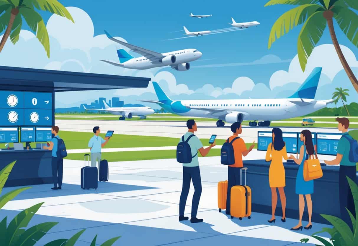 Travelers at an airport in Honolulu with airplanes on the runway and Hawaiian scenery in the background, showing passengers checking flight information and airline staff assisting them.