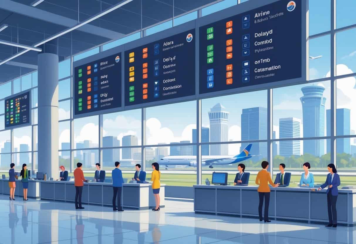An airport terminal in Houston with a flight information board showing delays and cancellations, airline staff helping passengers, and the Houston city skyline in the background.