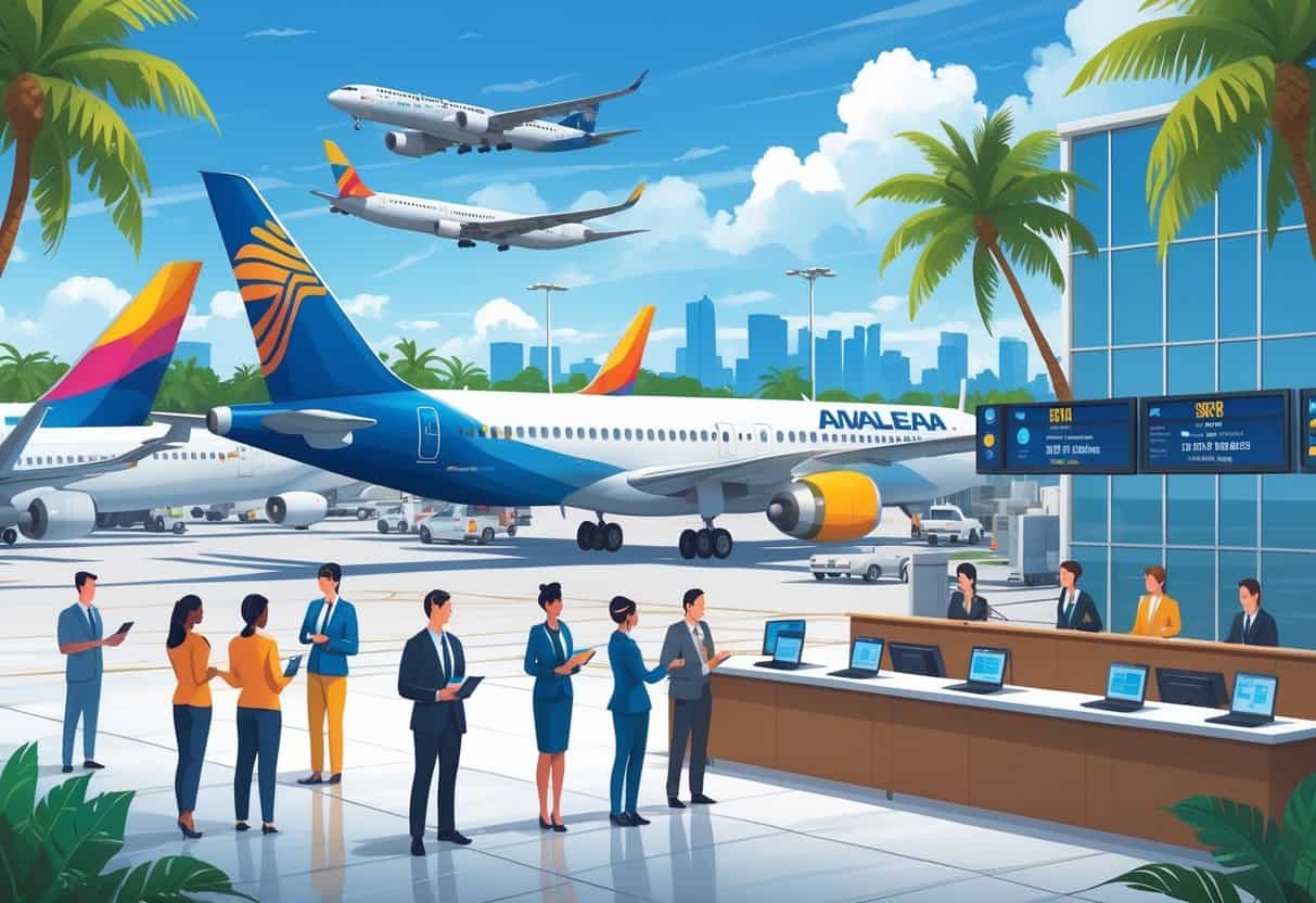 Airport scene in Hialeah, Florida with airplanes at gates, travelers interacting calmly with airline staff, and palm trees in the background.