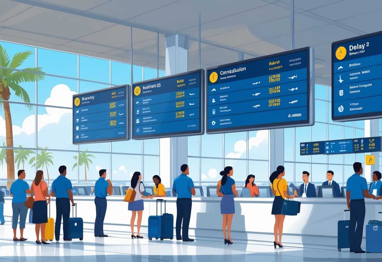 Passengers waiting at an airport terminal with flight information boards showing different flight statuses, airline staff assisting travelers, and palm trees visible outside through large windows.