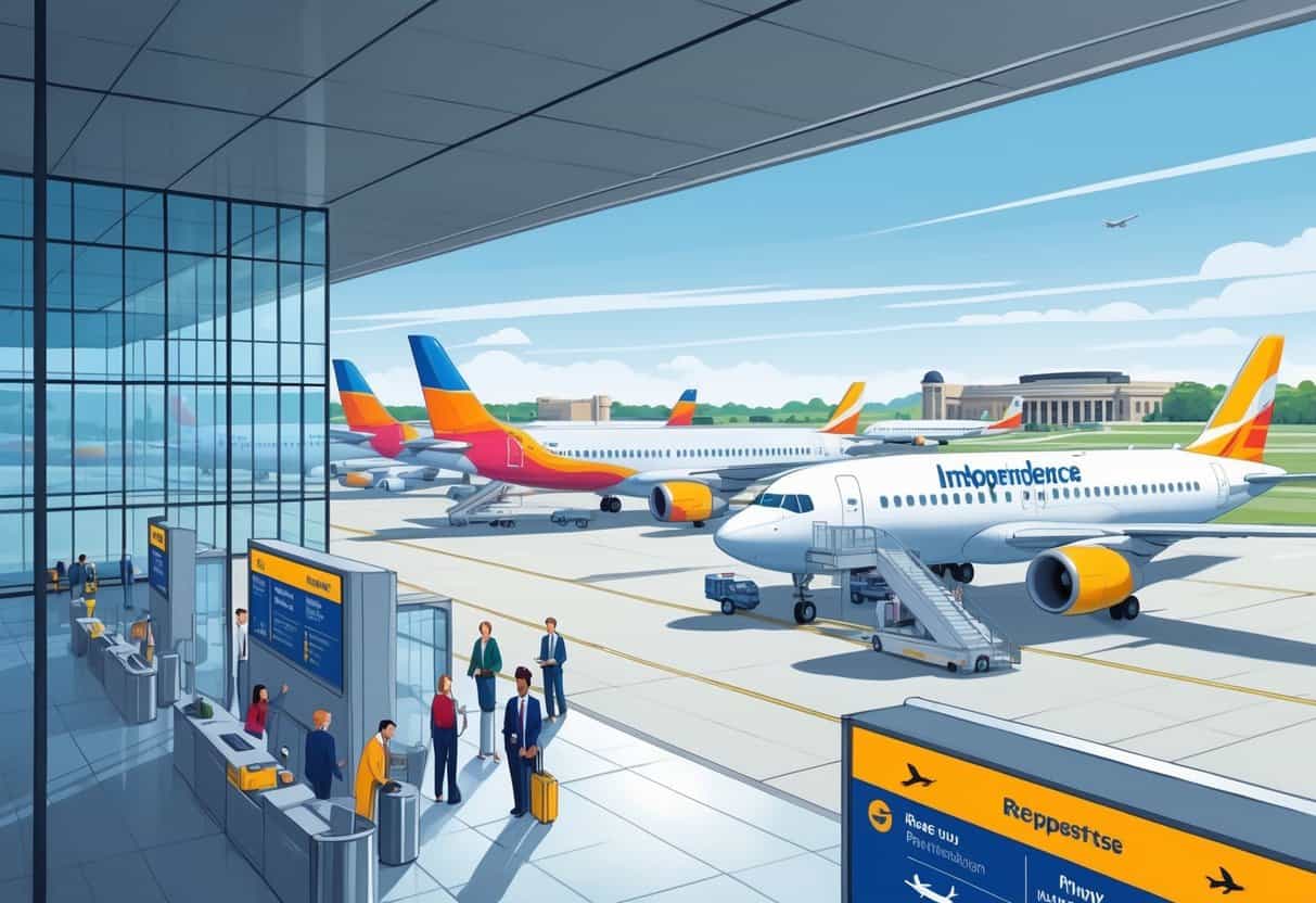 An airport terminal in Independence, Missouri with airplanes at gates and passengers interacting with airline staff, showing a calm and organized scene.