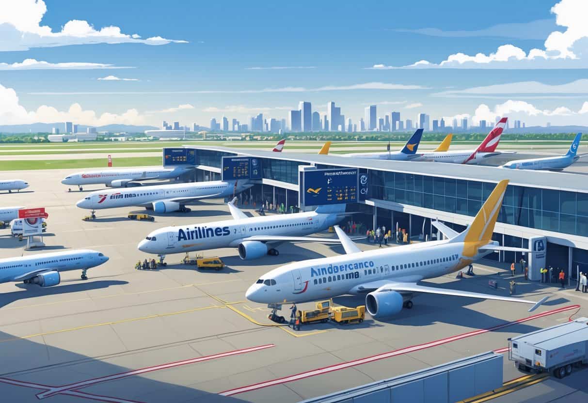 An airport scene in Independence, Missouri, showing airplanes, airline staff helping passengers, and flight information boards indicating smooth and reliable travel operations.
