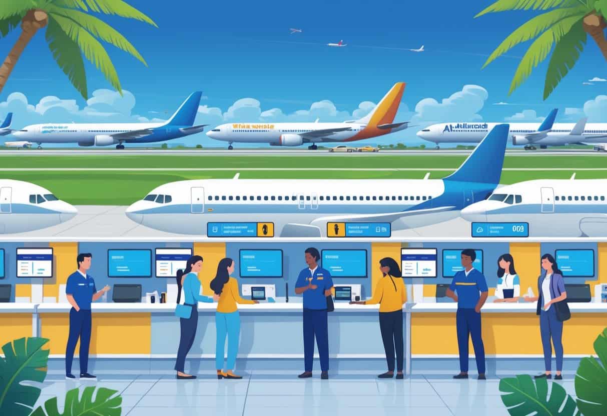 An airport scene in Hollywood, Florida showing travelers interacting with airline staff and airplanes parked at gates under a clear sky with palm trees.