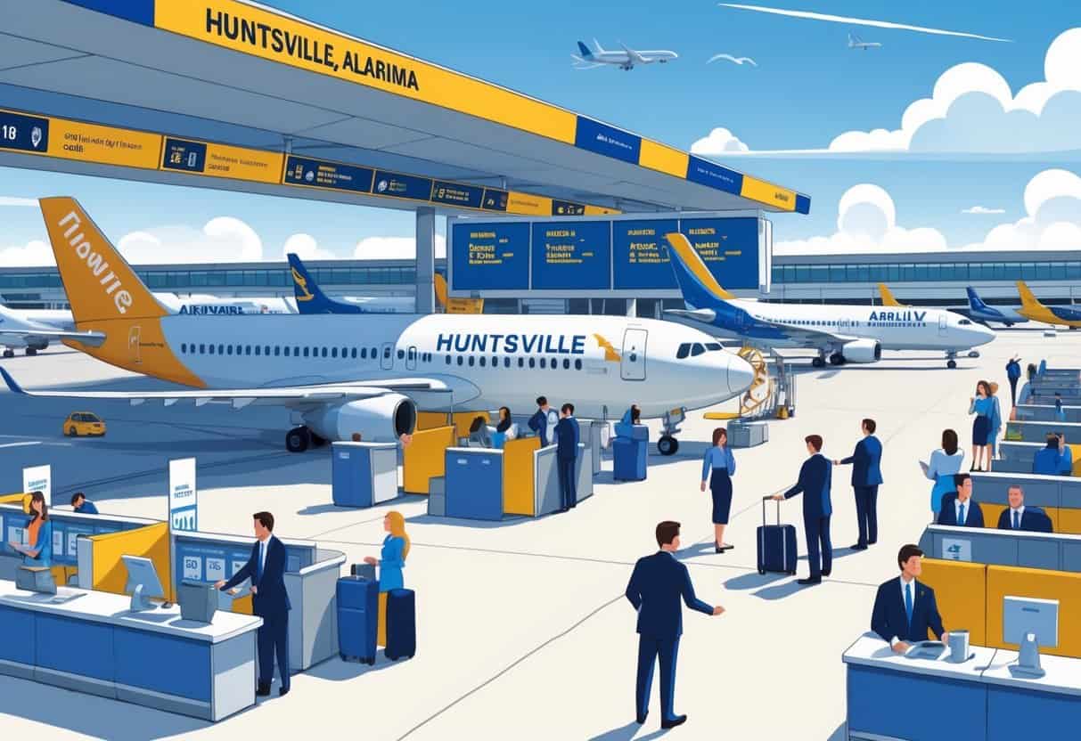 A busy airport terminal in Huntsville, Alabama with airplanes at gates and passengers calmly interacting with airline staff.