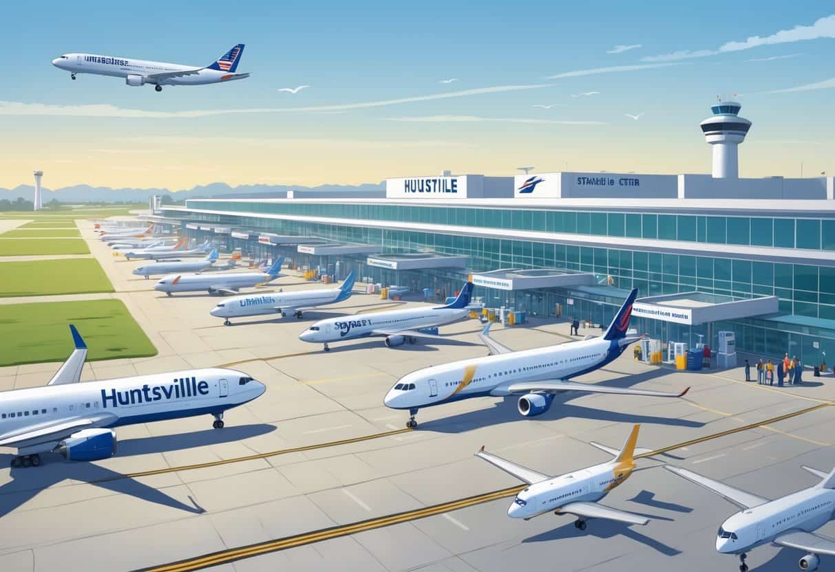 An airport terminal in Huntsville with airplanes from various airlines, passengers checking flight information, and staff assisting travelers under a clear sky with a cityscape in the background.