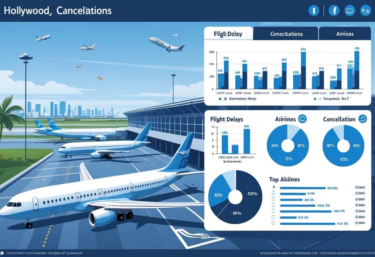 An airport scene in Hollywood, Florida showing airplanes, weather effects, and charts illustrating flight delays and cancellations alongside icons representing reliable airlines.