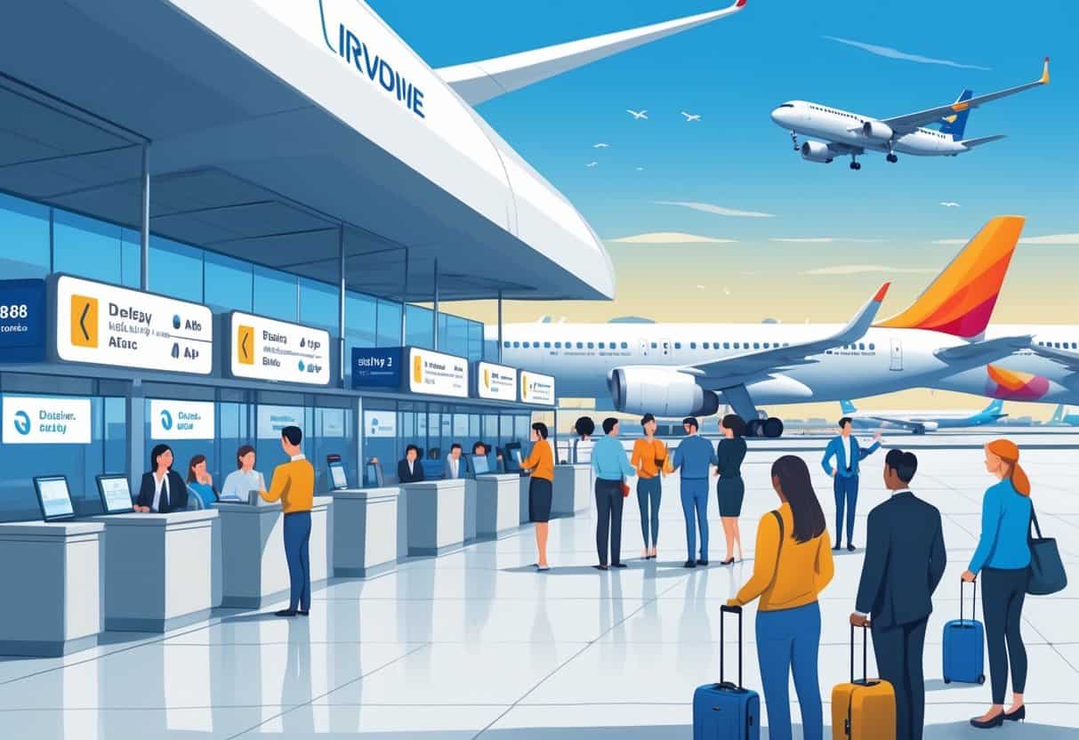 An airport scene in Irvine, California, showing travelers receiving help from airline staff at counters with flight status screens displaying delays and cancellations.