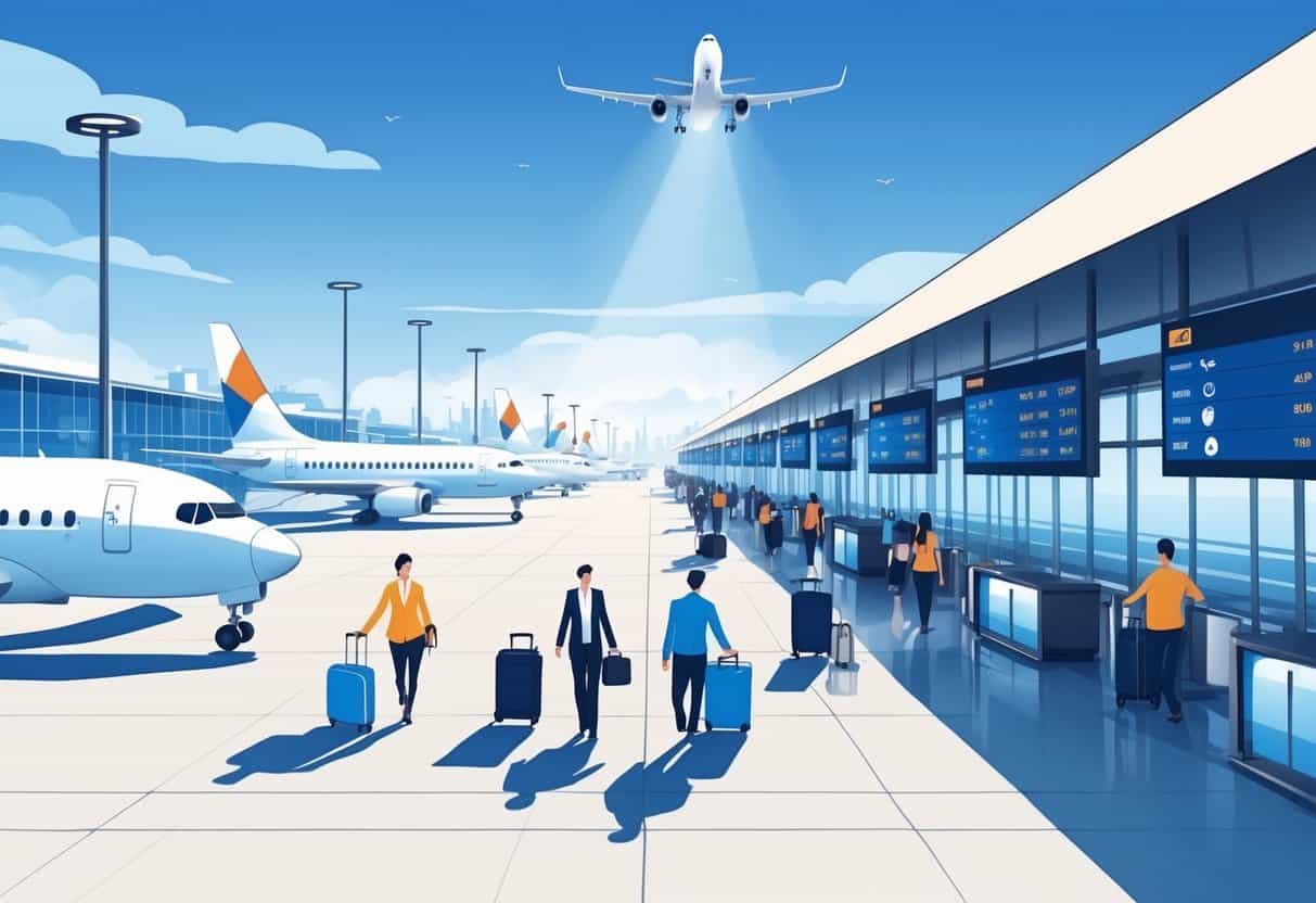 An airport terminal with airplanes, passengers, and staff, showing a cityscape in the background.