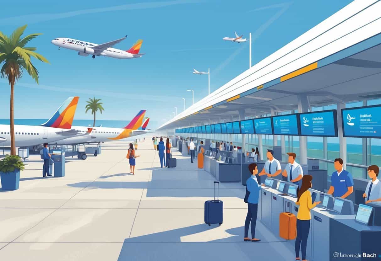 An airport terminal near the beach with airplanes at gates and travelers calmly interacting with airline staff.