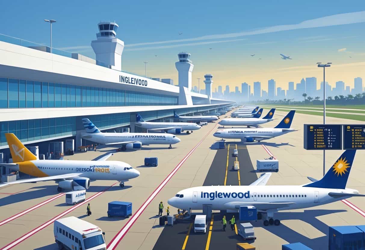 An airport scene in Inglewood, California, showing airplanes at gates, travelers with luggage, airline staff helping passengers, and a clear sky with the city skyline in the background.