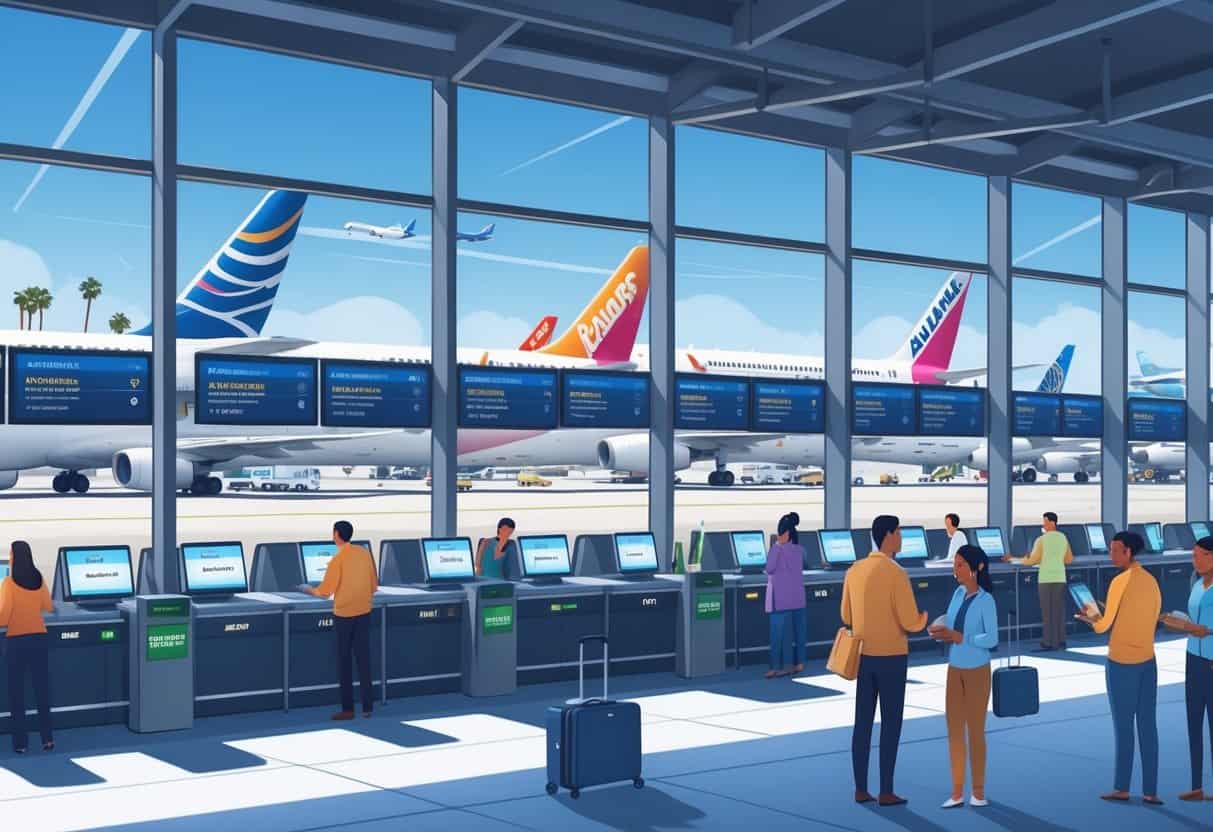 An airport terminal in Inglewood, California, showing airplanes on the runway and passengers interacting with airline staff inside.