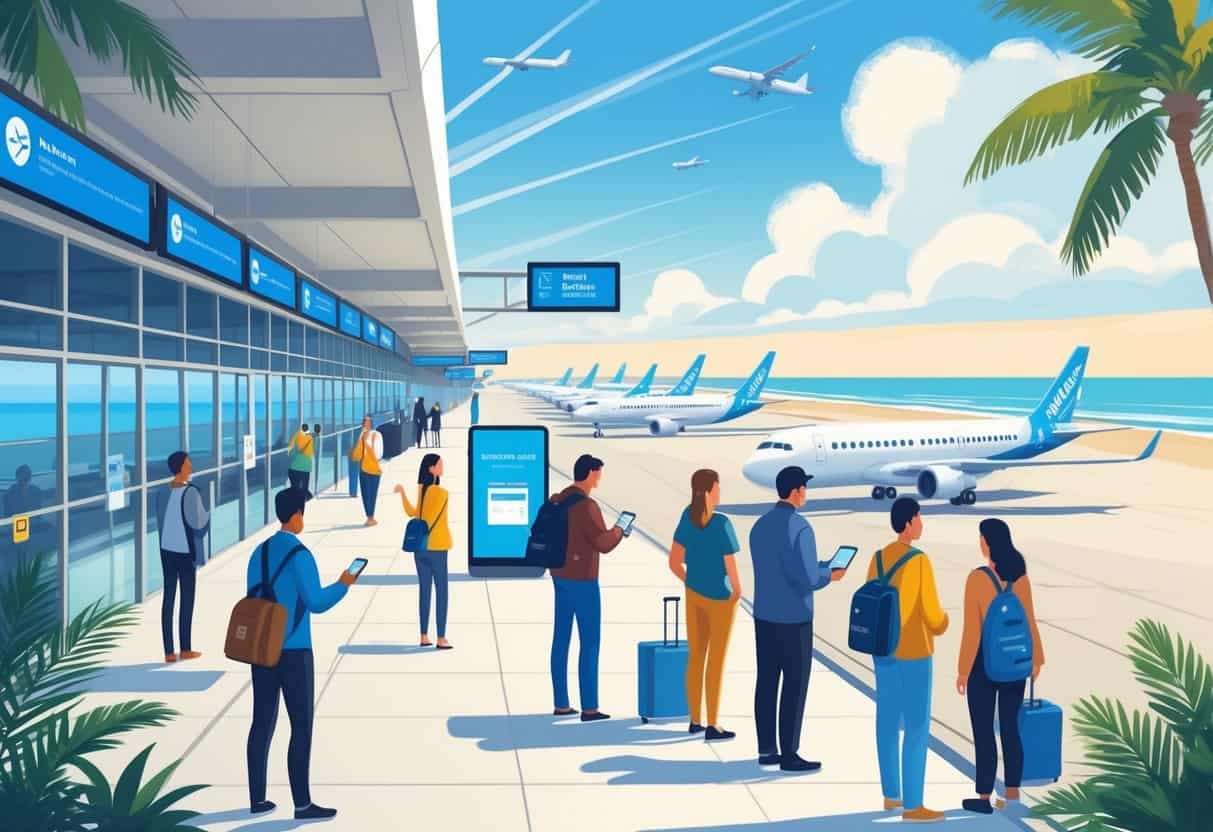Travelers at an airport terminal near the Huntington Beach coastline with airplanes on the runway and palm trees in the background.