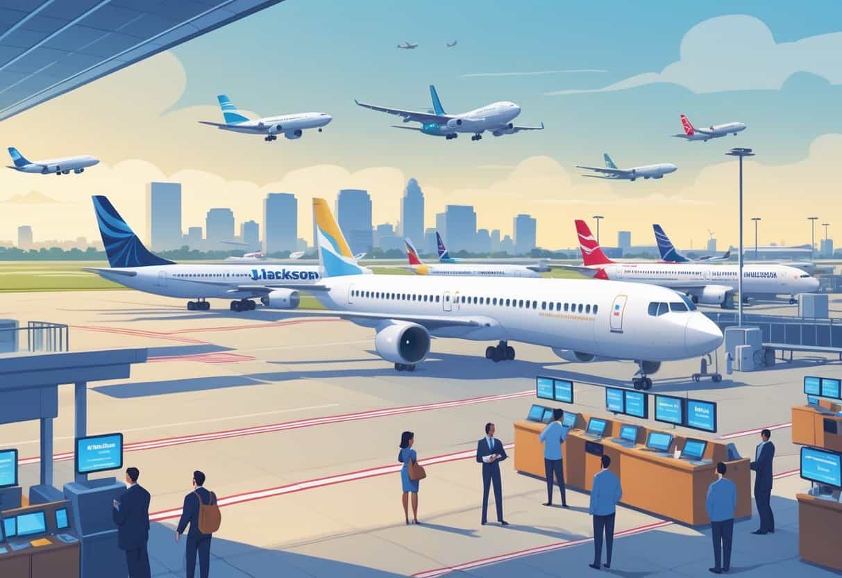 An airport terminal in Jackson, Mississippi with airplanes on the runway and passengers interacting with airline staff inside the terminal.