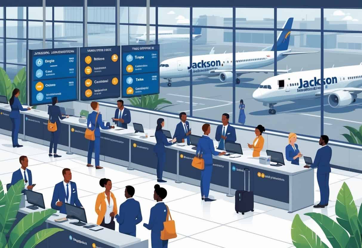 An airport terminal scene with travelers and airline staff, flight status boards showing delays and cancellations, and a map highlighting Jackson, Mississippi with symbols representing top airlines for delay and cancellation policies.