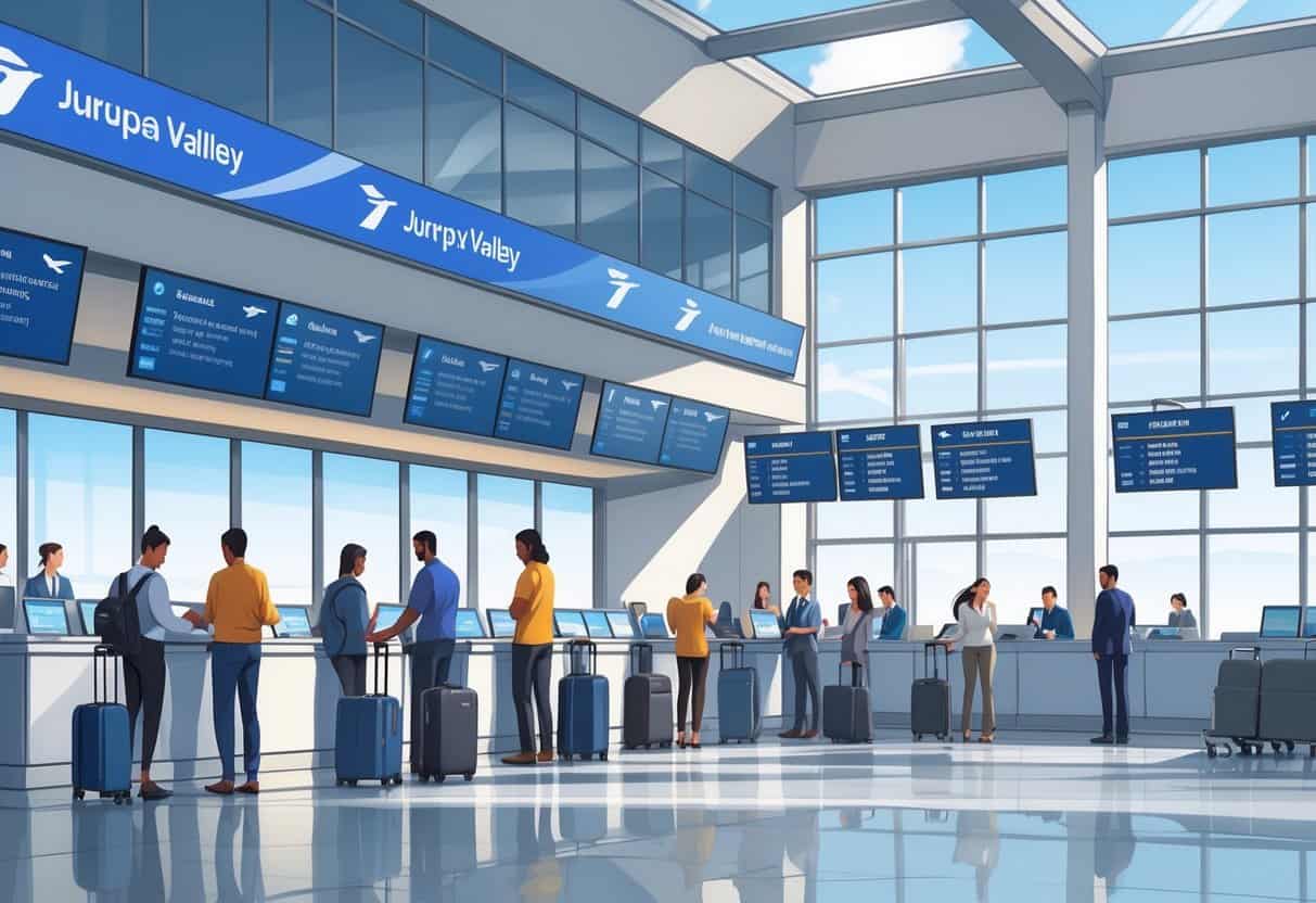 Passengers and airline staff interacting in a bright airport terminal with flight information screens and luggage, showing a calm and organized travel environment.