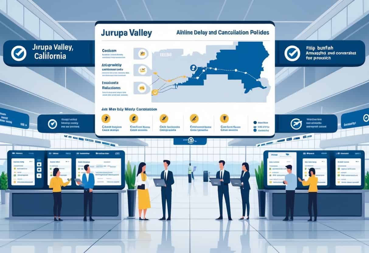 An airport scene with travelers and airline staff at service desks, flight information screens showing updates, and a map highlighting Jurupa Valley, California.