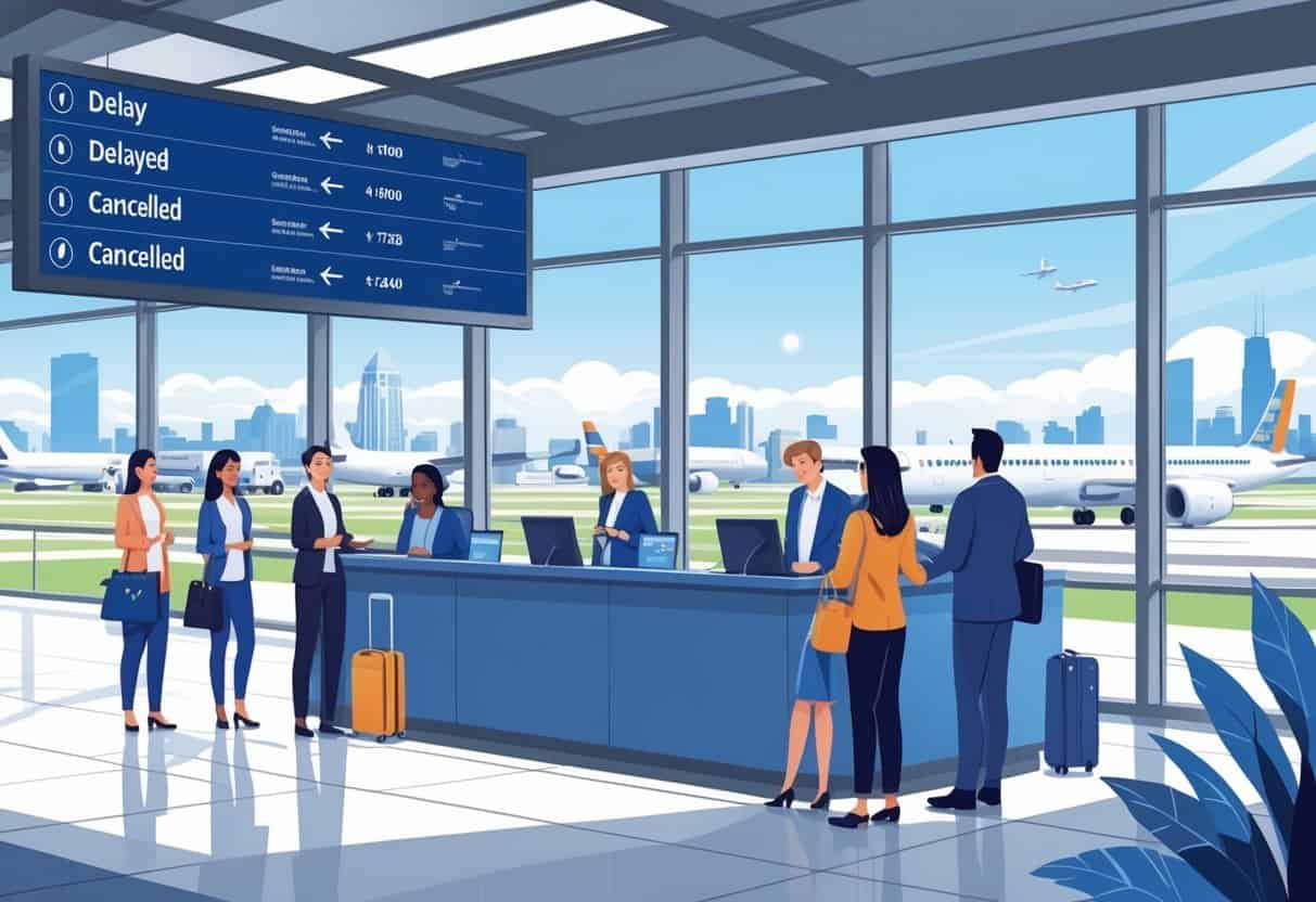 Travelers at an airport customer service desk with a flight status board showing delayed and cancelled flights, airplanes on the runway, and a city skyline in the background.