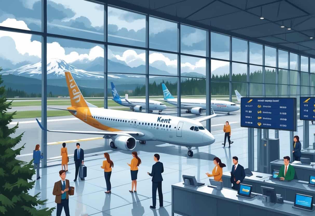 An airport terminal in Kent, Washington with airplanes at gates and passengers calmly interacting with airline staff, set against a cloudy sky and evergreen trees.
