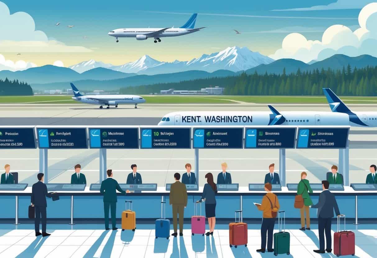 An airport terminal in Kent, Washington with airplanes on the runway, airport staff helping passengers, and flight status boards showing different flight conditions.