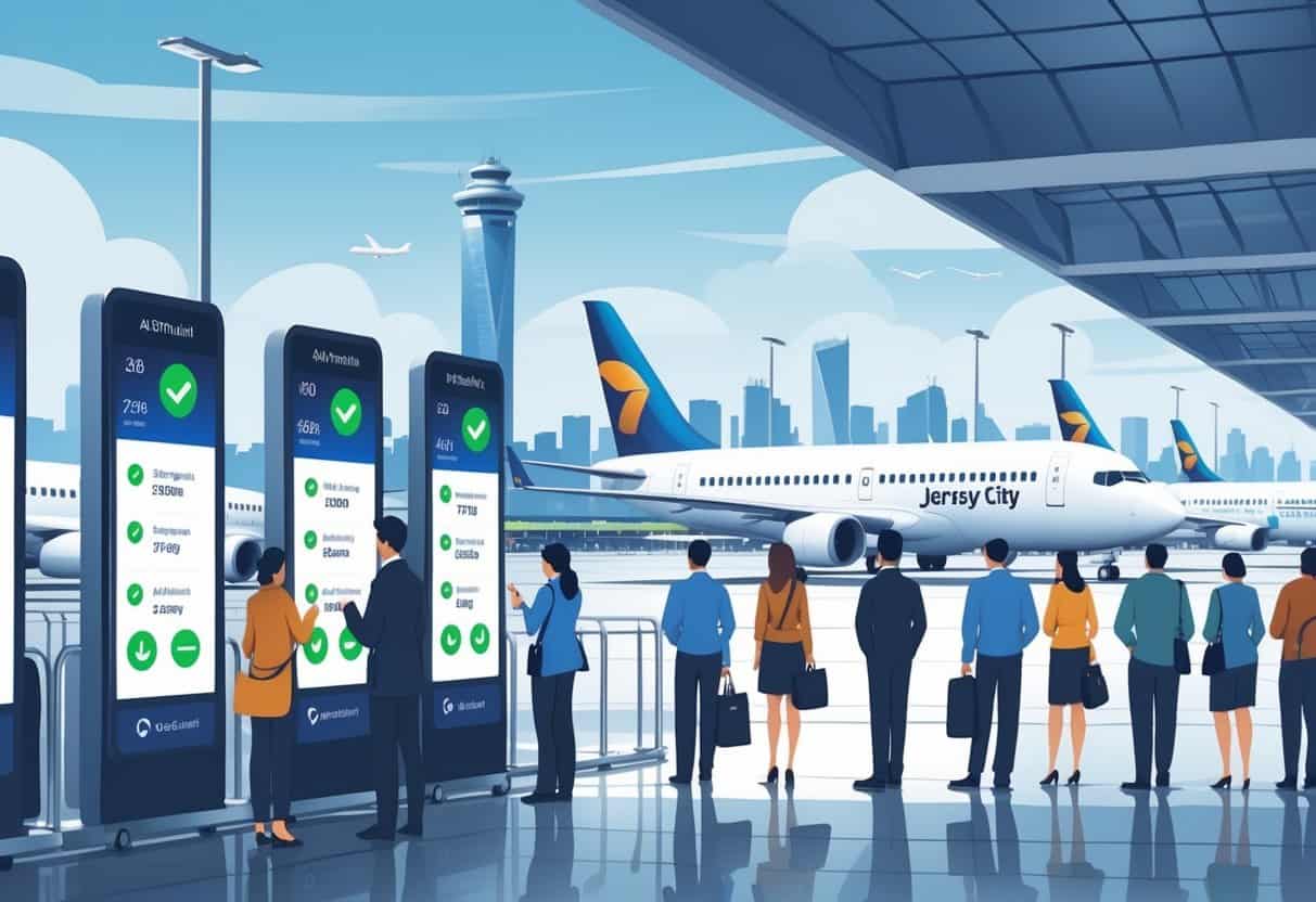 Travelers at an airport terminal in Jersey City checking flight information with airplanes parked at gates and the city skyline in the background.