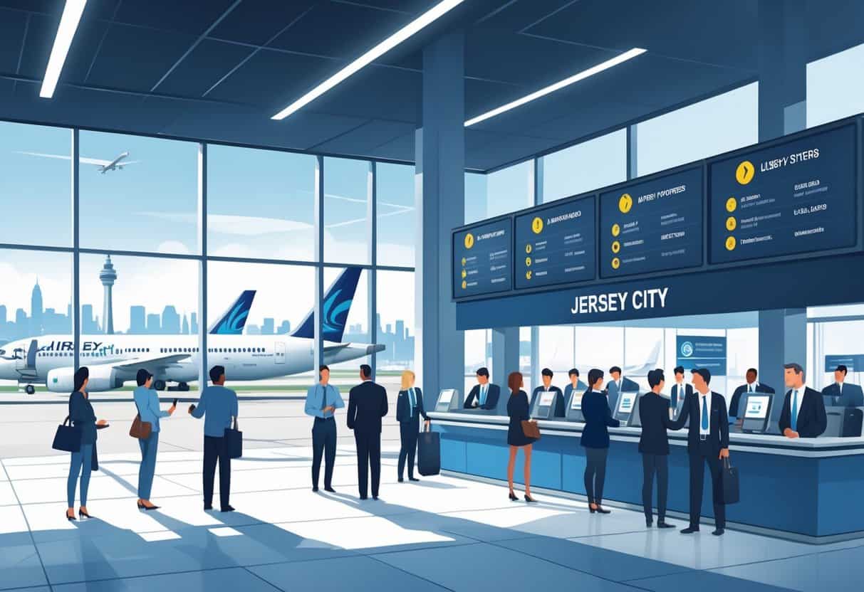 Airport scene in Jersey City with travelers and airline staff interacting near airplanes and flight information boards showing flight status icons.