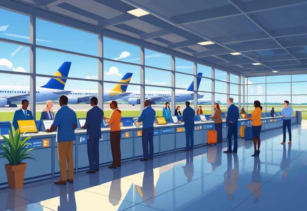 An airport terminal in Lafayette, Louisiana, showing passengers and airline staff interacting calmly with airplanes visible outside the windows.