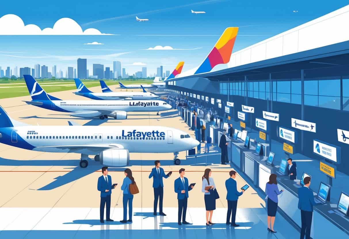 An airport scene showing airplanes from different airlines at gates, travelers checking flight information, airline staff assisting passengers, with the Lafayette city skyline visible in the background.