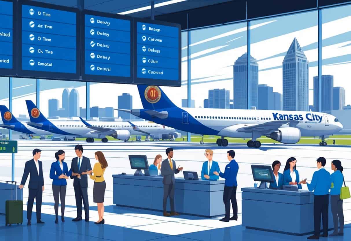 An airport terminal in Kansas City with airplanes on the tarmac, travelers speaking with airline staff, and a flight information board showing various flight statuses.