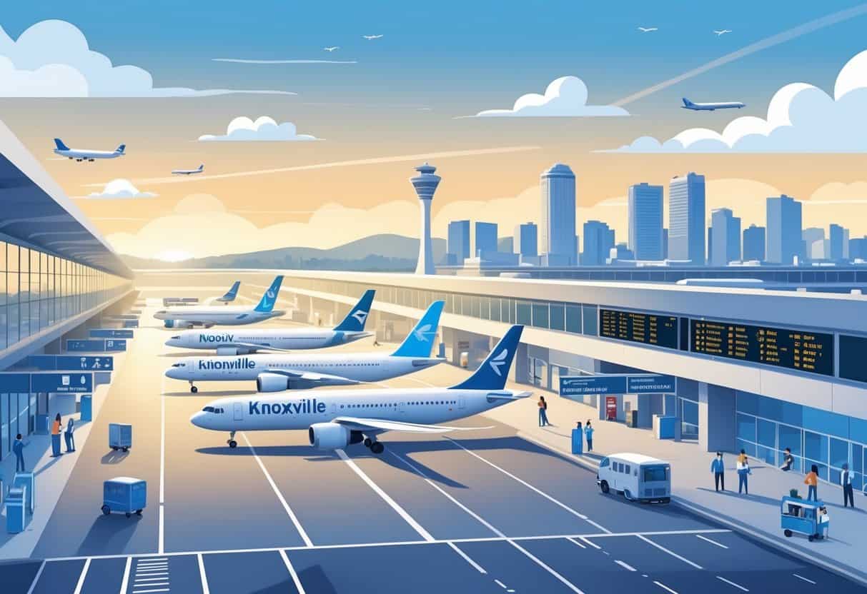 An airport scene in Knoxville with airplanes, passengers, and staff showing a smooth travel experience with the city skyline in the background.