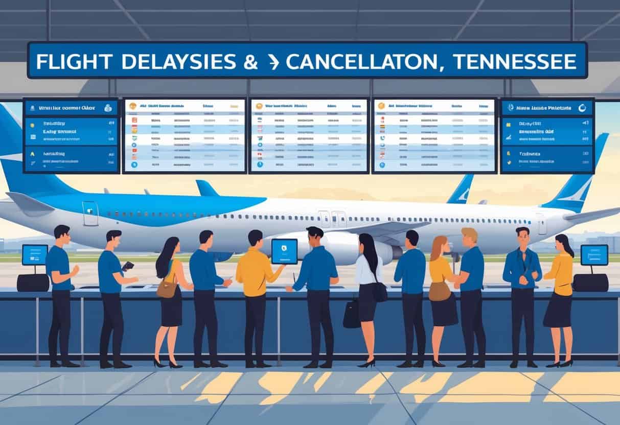 Travelers and airline staff at an airport terminal in Knoxville, Tennessee, discussing flight delays and cancellations with flight information boards and airplanes visible in the background.