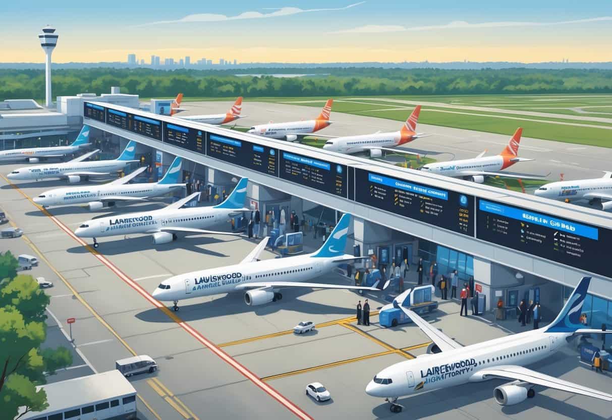 An airport terminal near Lakewood, New Jersey, with airplanes at gates and passengers being assisted by airline staff under a clear sky.