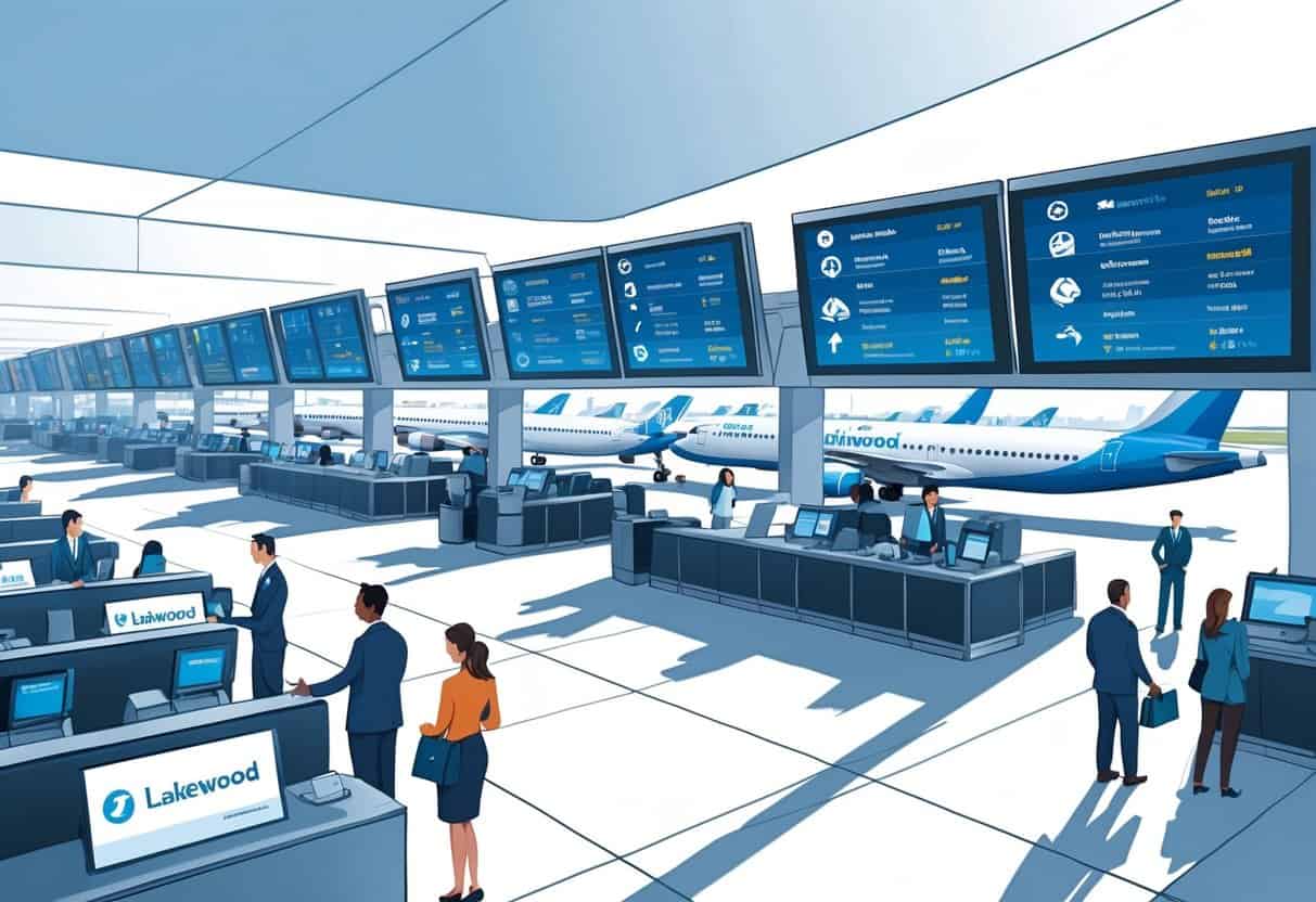 An airport terminal with airplanes, passengers, and airline staff assisting travelers, with a subtle map showing Lakewood, New Jersey in the background.