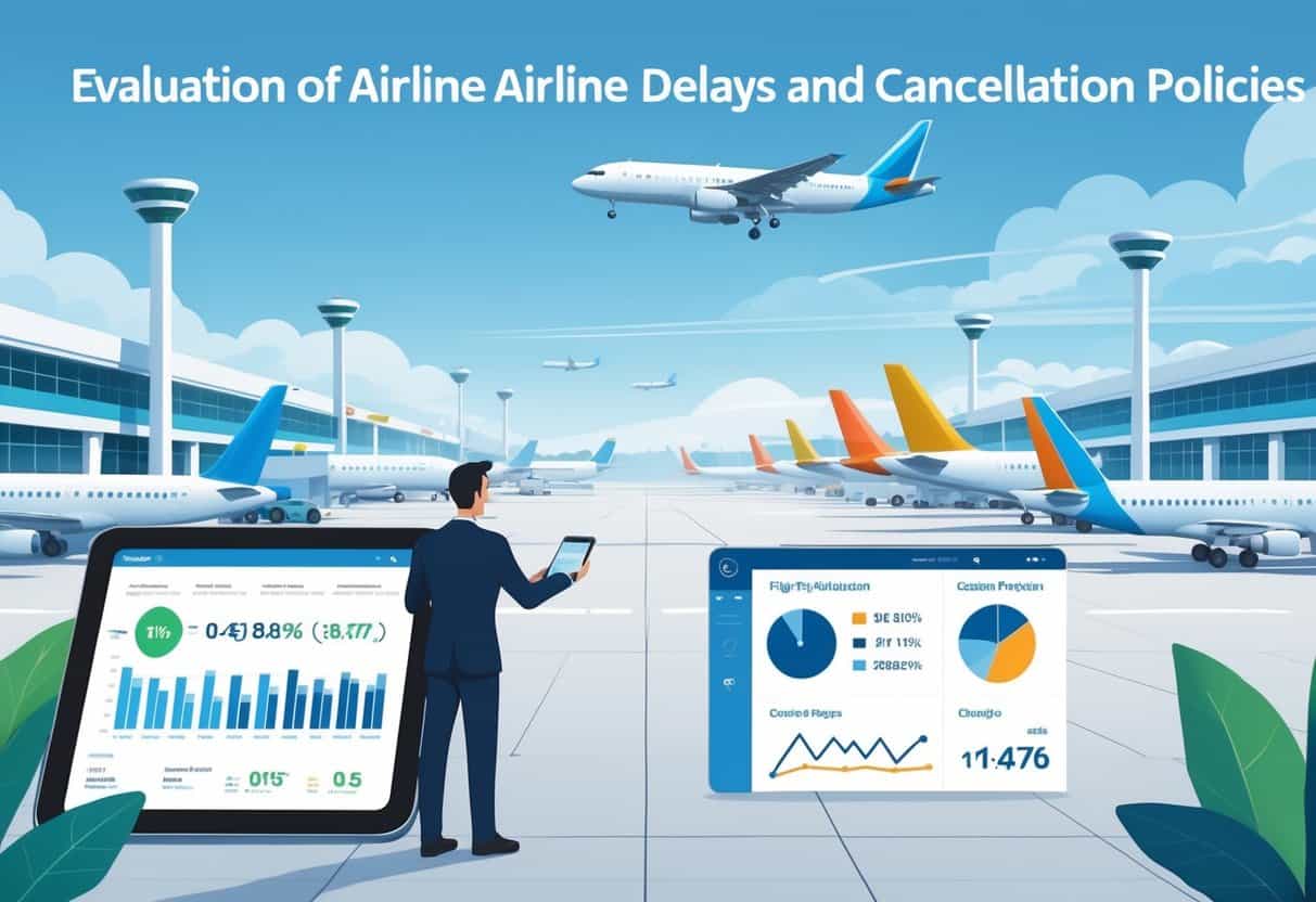A traveler at an airport terminal in Killeen, Texas, reviewing flight delay and cancellation data on a digital tablet with airplanes visible on the runway outside.