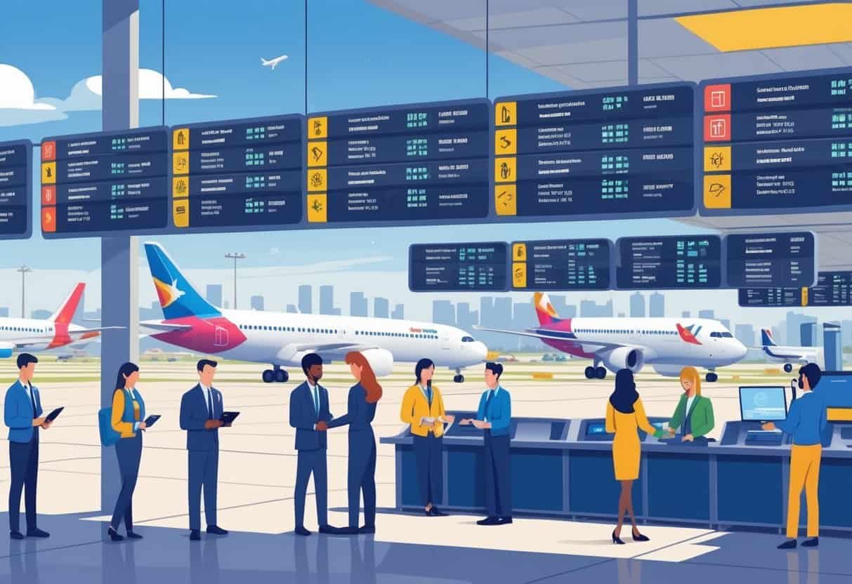 An airport terminal in Laredo, Texas, showing airplanes on the tarmac, travelers interacting with airline staff, and flight information boards indicating delays and cancellations.