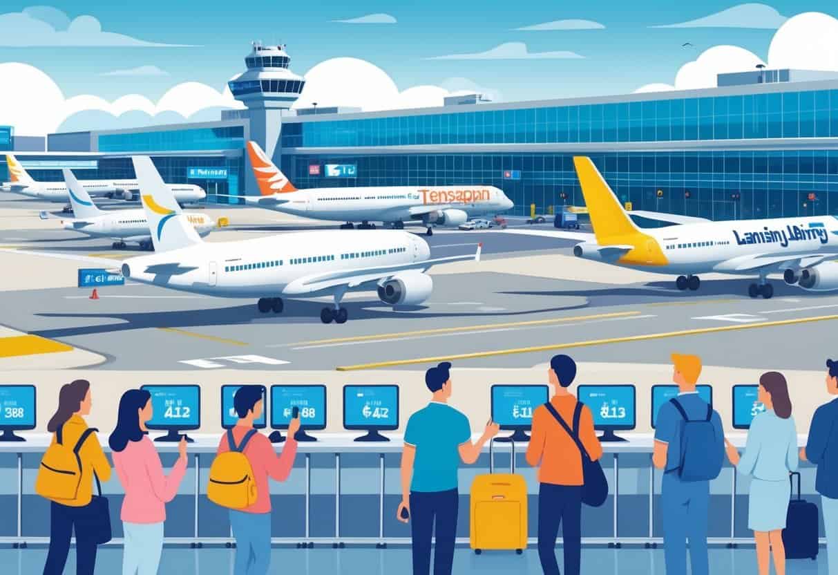 Travelers at Lansing airport looking at flight information with airplanes on the runway and a control tower in the background.