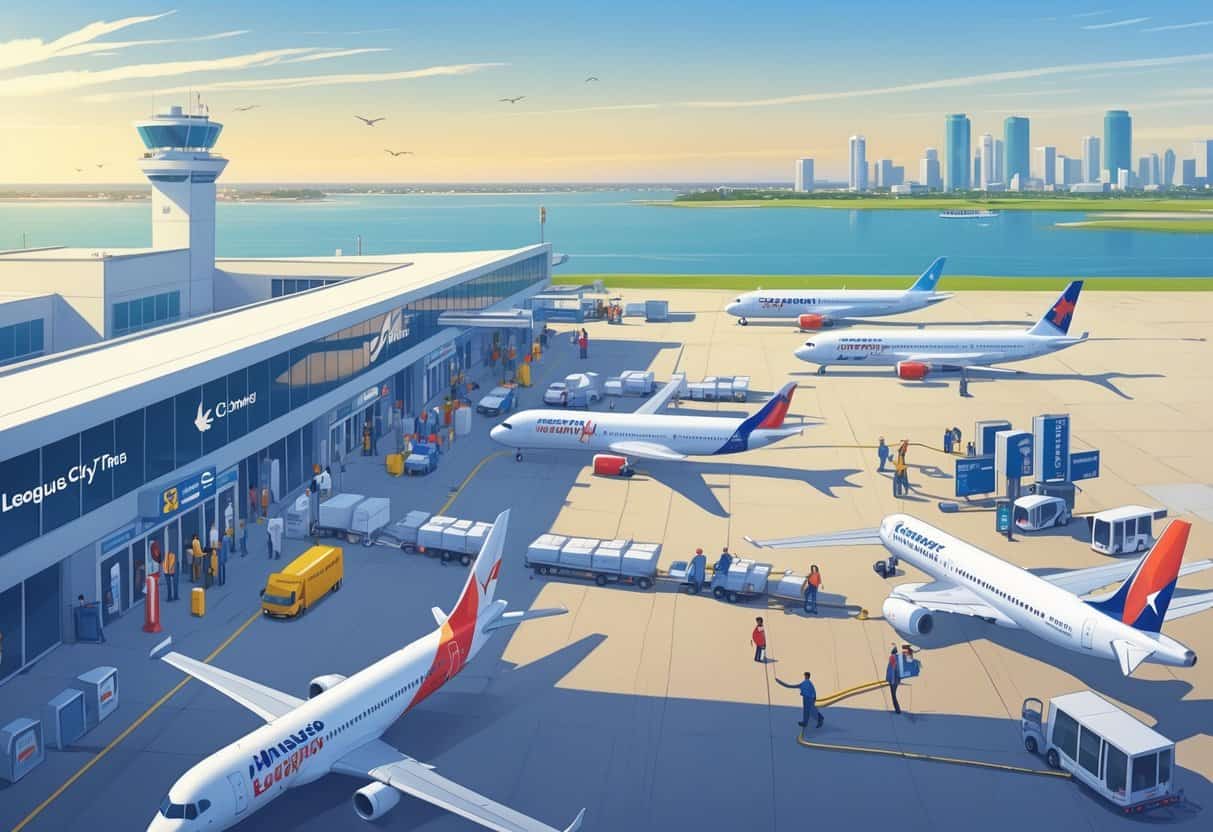 An airport scene near the coast with airplanes and airline staff assisting calm passengers, representing reliable airline services in League City, Texas.
