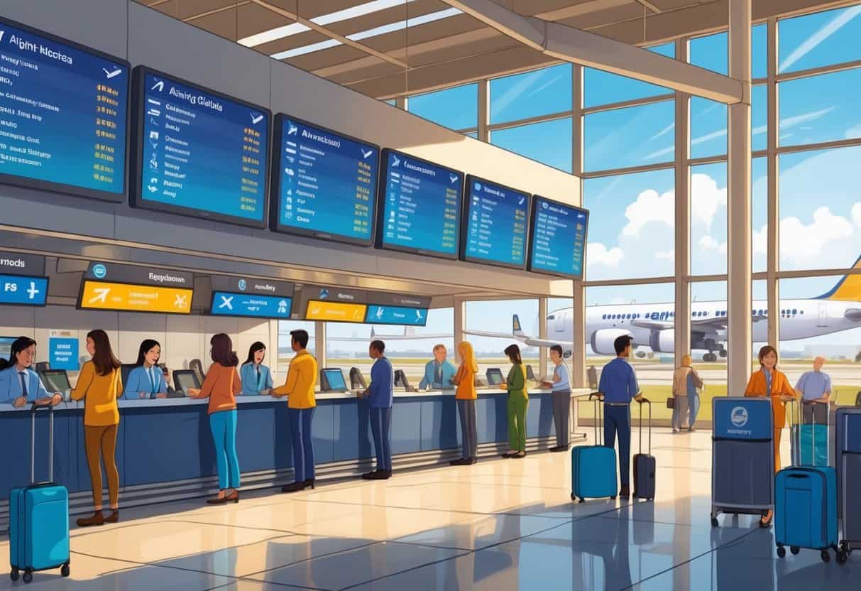 An airport terminal in League City, Texas, showing airline staff helping passengers with flight delays and cancellations, with planes outside and flight information boards visible.