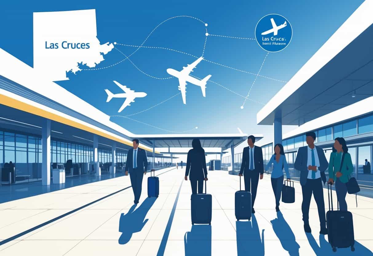 An airport scene near Las Cruces, New Mexico, showing airplanes on the runway, travelers with luggage, and a map highlighting the city.