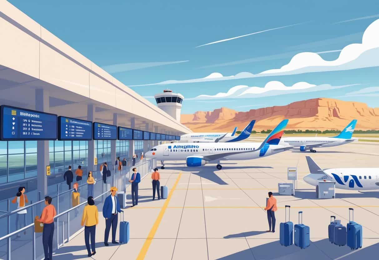 An airport terminal in Las Cruces with airplanes at gates, travelers checking flight information, and desert mountains in the background.