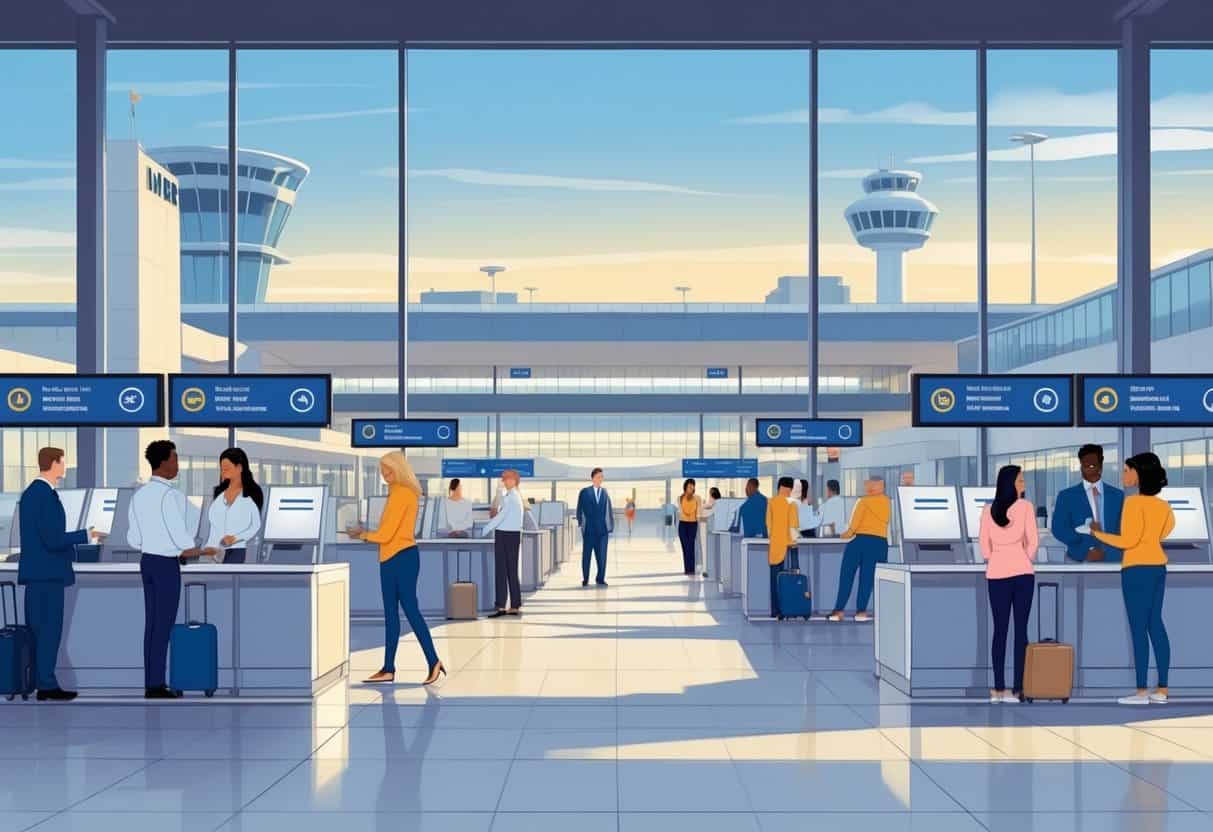 Travelers and airline staff interacting calmly at a busy airport terminal with flight information displays and a Texas city skyline in the background.