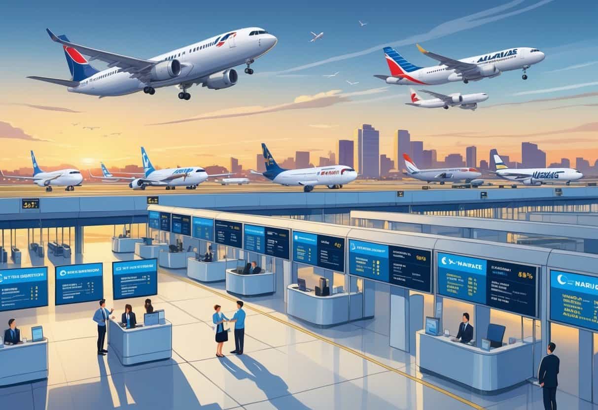 An airport terminal with airplanes, flight status boards, airport staff helping passengers, and the city of Lewisville, Texas visible in the background.