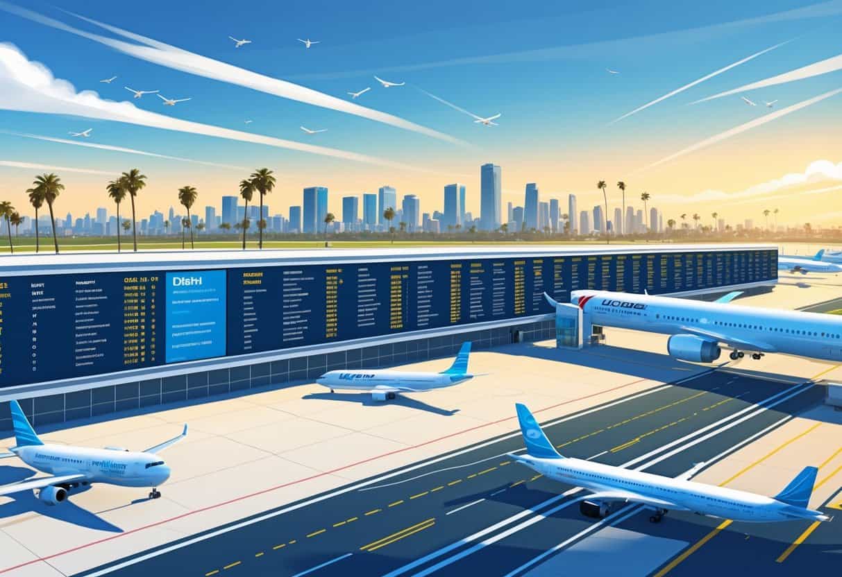 An airport scene showing airplanes on runways and taxiways at Long Beach Airport with a flight information board displaying flight statuses and the city skyline in the background.