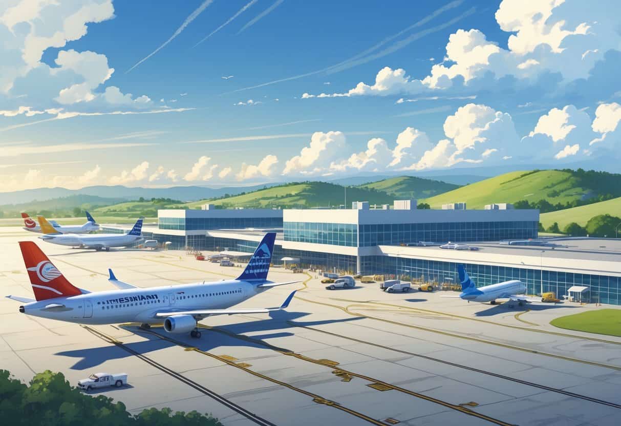An airport near Lee's Summit, Missouri, showing several commercial airplanes on the runway and terminal with passengers and ground crew working, surrounded by green hills under a partly cloudy sky.
