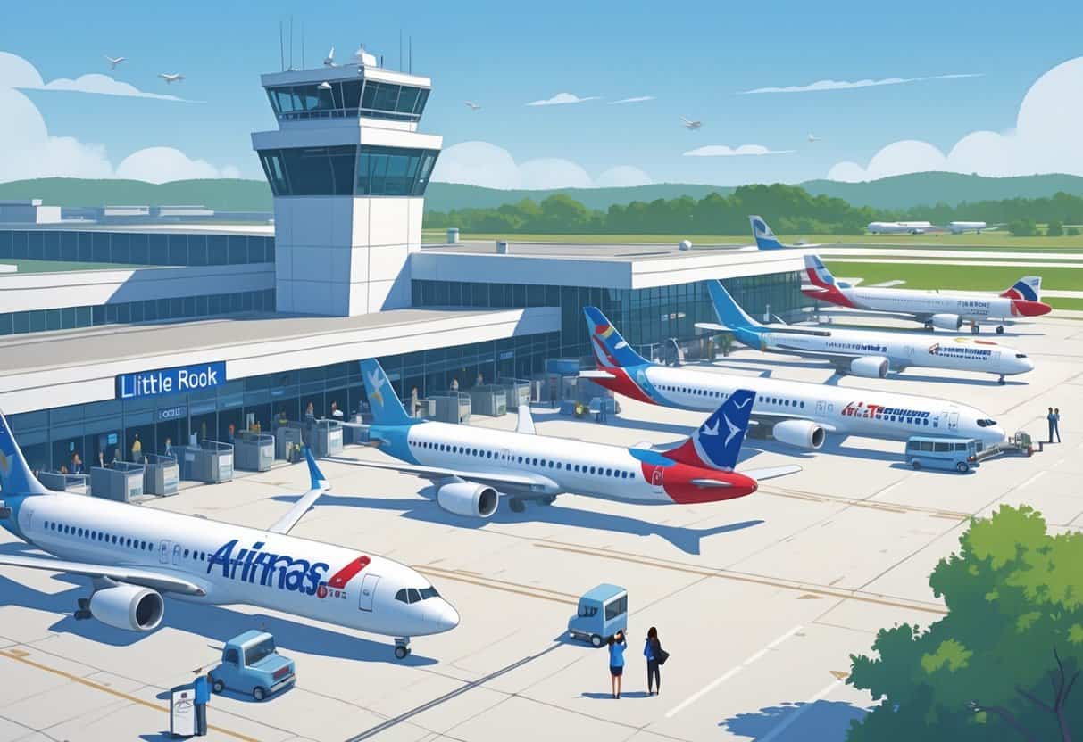 An airport scene in Little Rock, Arkansas showing airplanes at gates and passengers interacting with airline staff, representing airlines with good delay and cancellation policies.